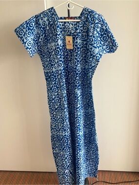 NWT Hand Batik Long Kaftan Lounge Dress Nightgown Cotton Cobalt Blue & White L